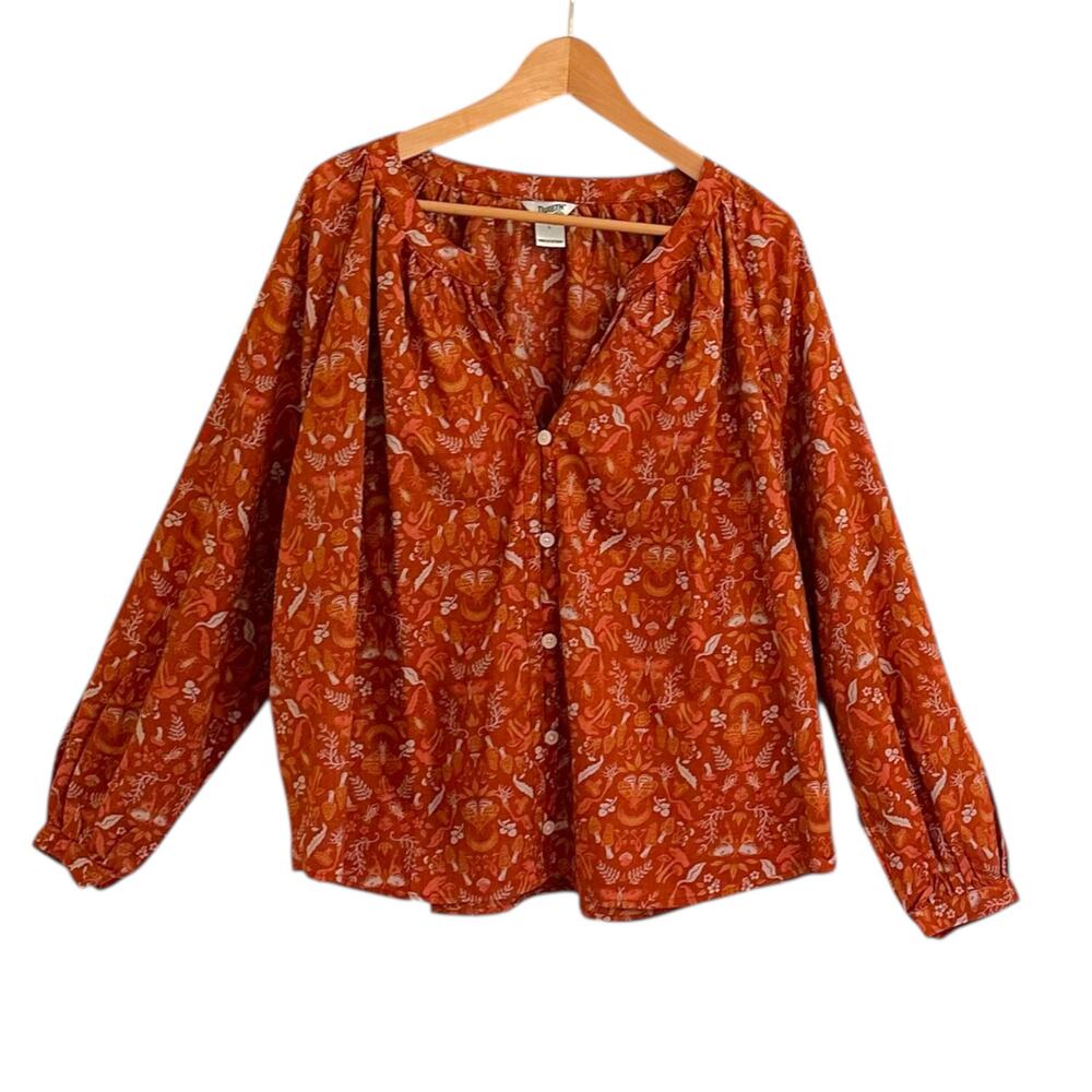Duluth Mushroom Floral Printmaker Orange Peasant Shirt Organic Cotton Large